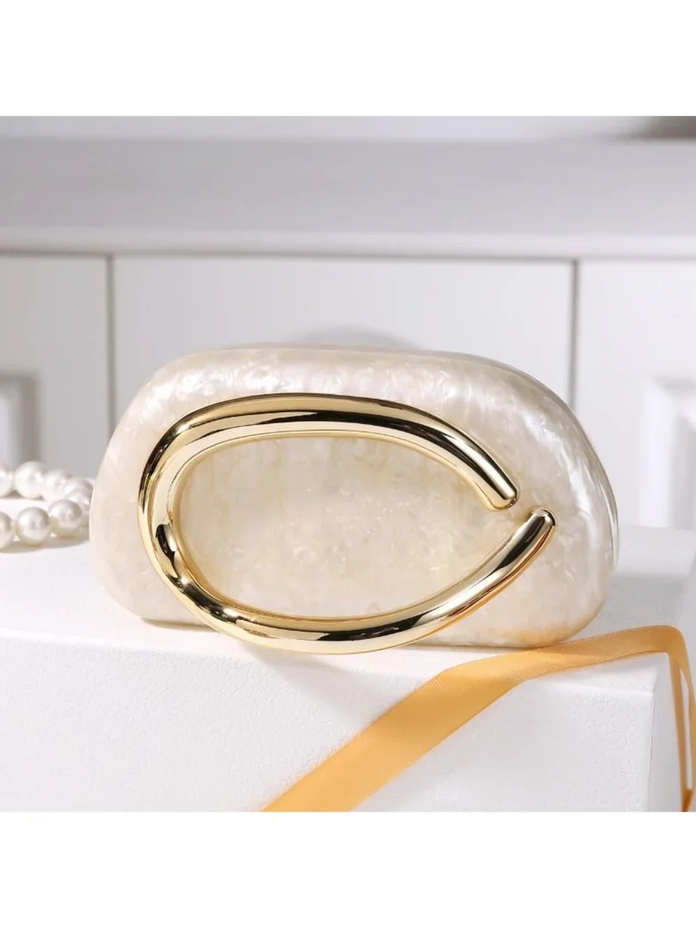 👜Women's Beige Marble Art Deco Clutch Gold-Tone Handle Evening Party Purse Bag
